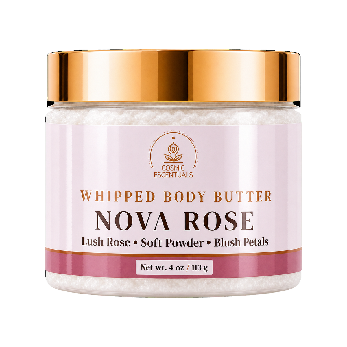 Cosmic Escentuals Nova Rose Whipped Body Butter, 4oz jar with a shiny gold lid and a rose-pink label, on a plain white background.