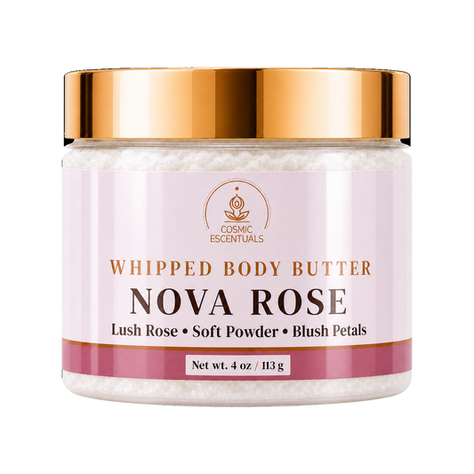 Cosmic Escentuals Nova Rose Whipped Body Butter, 4oz jar with a shiny gold lid and a rose-pink label, on a plain white background.