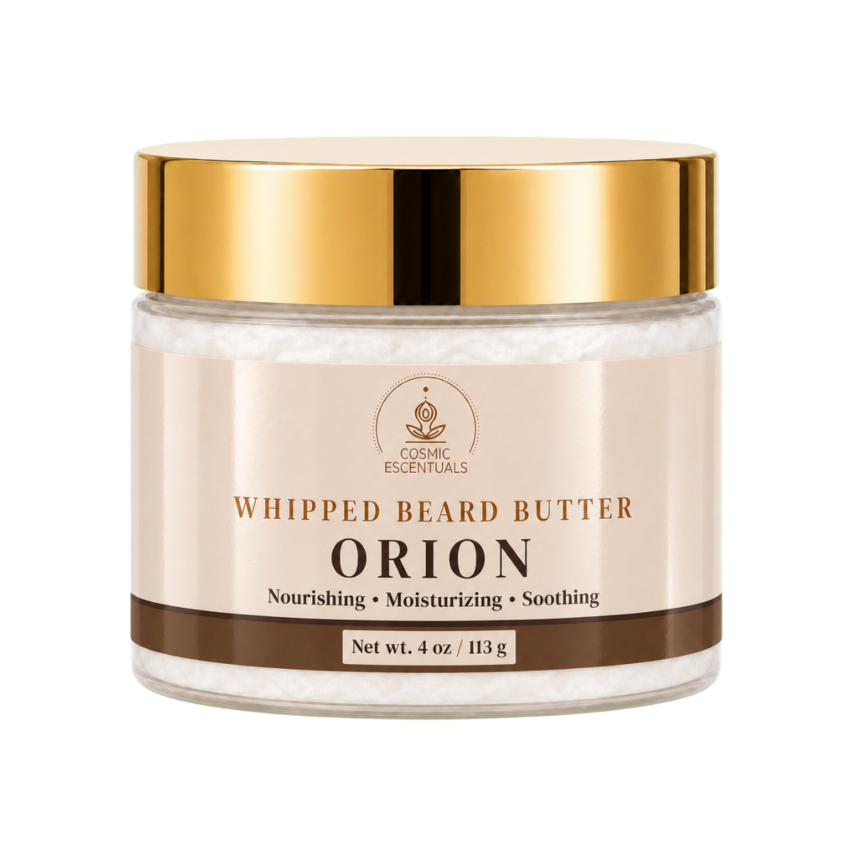 Cosmic Escentuals Orion Woods Whipped Beard Butter, 4oz jar with a shiny gold lid and a beige label, on a plain white background.