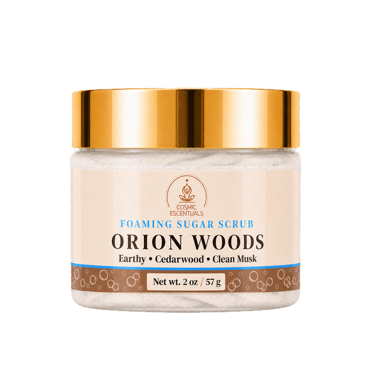 Orion Woods Foaming Sugar Scrub 2oz jar shown on its own against a plain background.