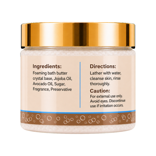 Back of Orion Woods Foaming Sugar Scrub 4oz jar showing ingredients and directions.