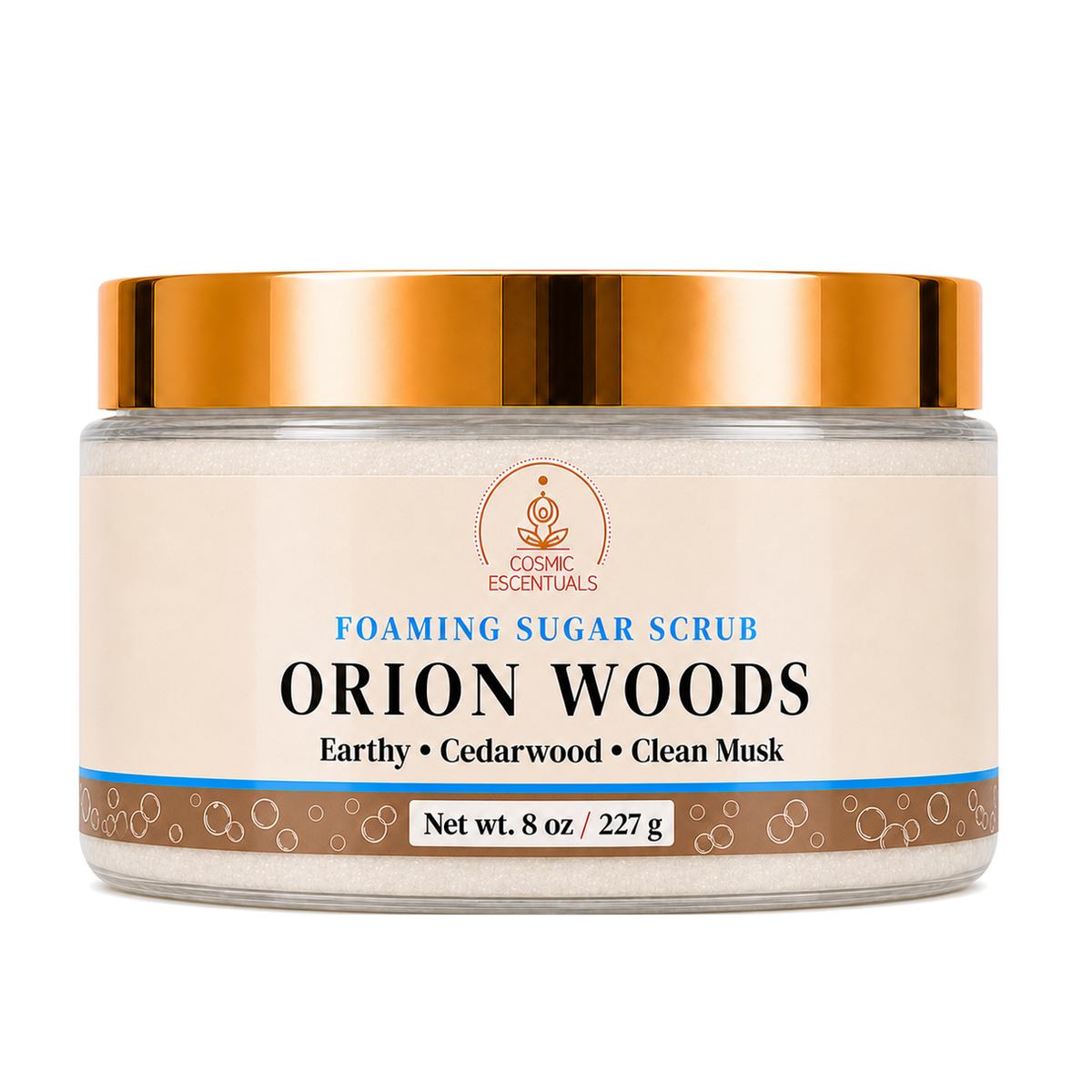 Orion Woods Foaming Sugar Scrub 8oz jar shown on its own against a plain background.