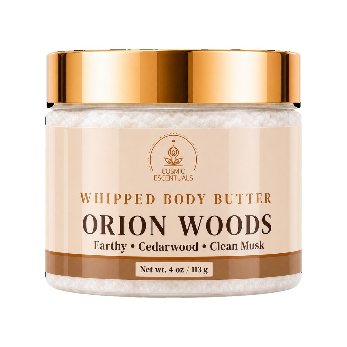 Cosmic Escentuals Orion Woods Whipped Body Butter, 4oz jar with a shiny gold lid and a beige label, on a plain white background.