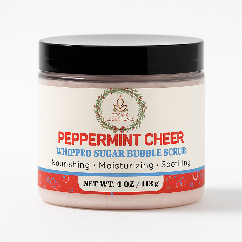 Jar of peppermint cheer whipped sugar bubble scrub with a white background
