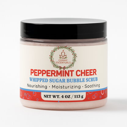 Peppermint Cheer whipped sugar bubble scrub, 4 oz jar with black lid