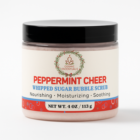 Jar of peppermint cheer whipped sugar bubble scrub with a white background