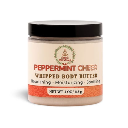 Peppermint Cheer whipped body butter jar, 4 oz, black lid and cream container with label