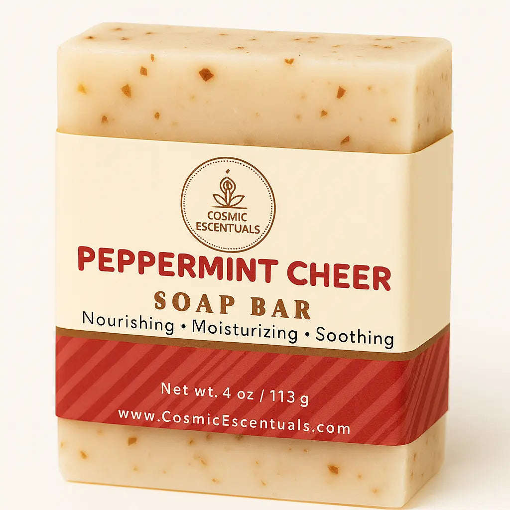 Cosmetic soap bar with 'Peppermint Cheer' label on a white background