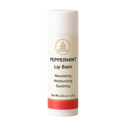 Cosmic Escentuals Peppermint lip balm stick, white tube with red base, 0.15 oz
