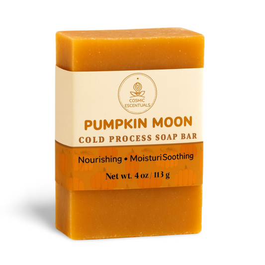 Pumpkin Moon cold process soap bar with a white background