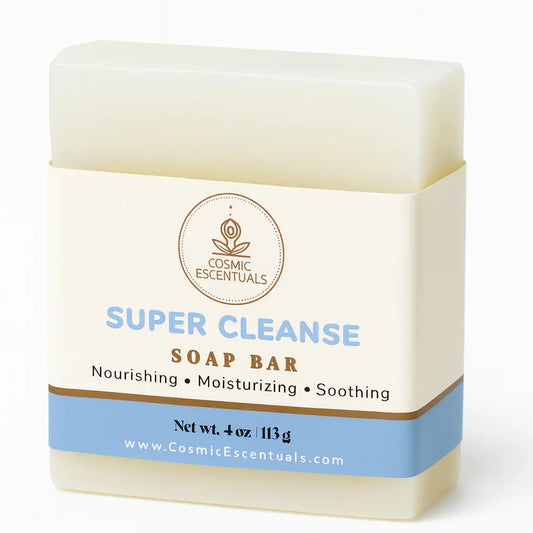 Soap bar with 'Cosmic Escentuals' branding on a white background