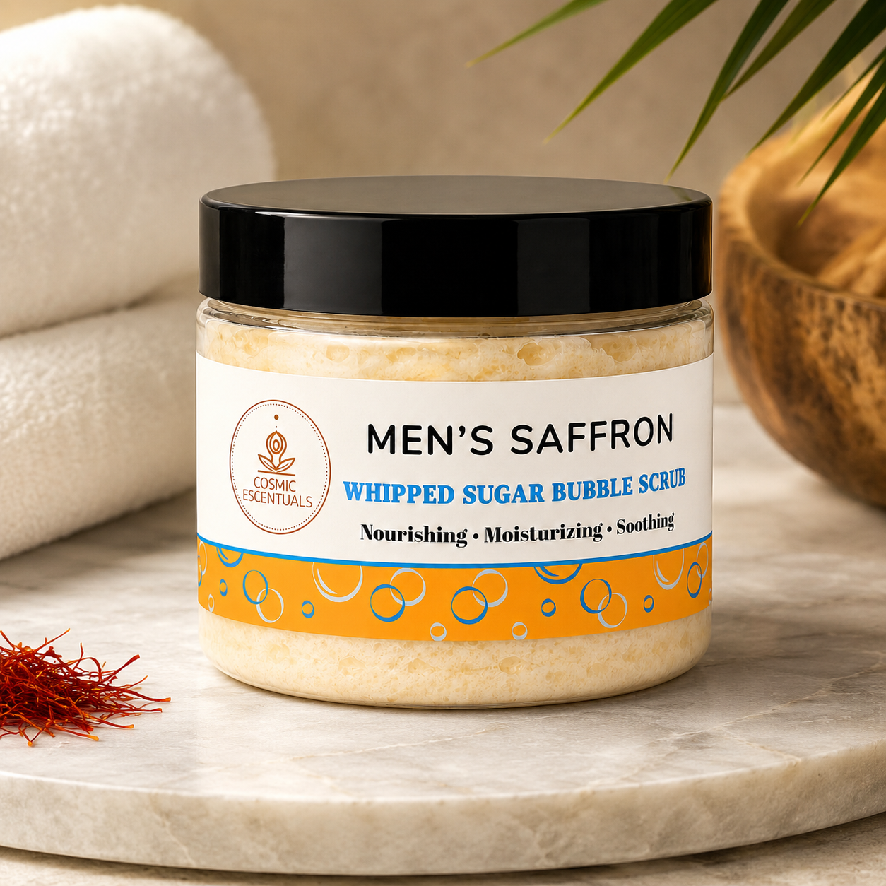 Saffron scented men's whipped sugar bubble scrub – premium body exfoliator