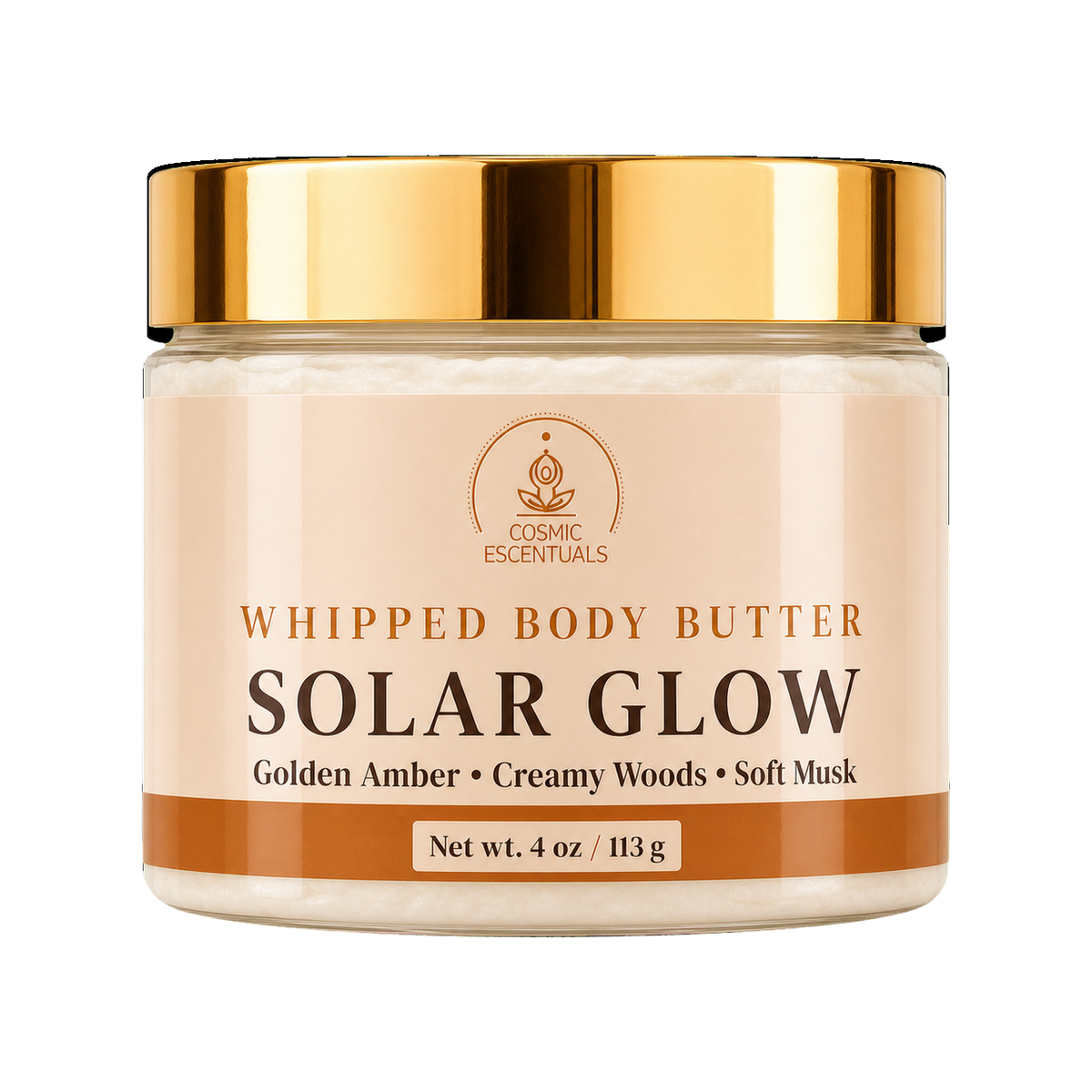 Cosmic Escentuals Solar Glow Whipped Body Butter, 4oz jar with a shiny gold lid and a beige label, on a plain white background.