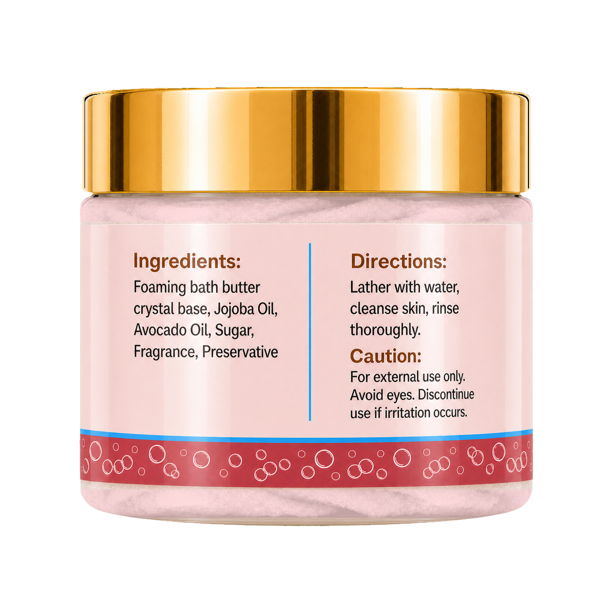 A jar of foaming bath butter with a shiny gold lid and a pink label showing the ingredients and directions, set against a plain white background.