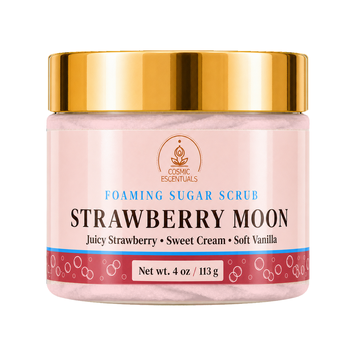 Cosmic Essentials Strawberry Moon Foaming Sugar Scrub in a 4 oz jar with a pink label and a shiny gold lid, set against a plain white background.