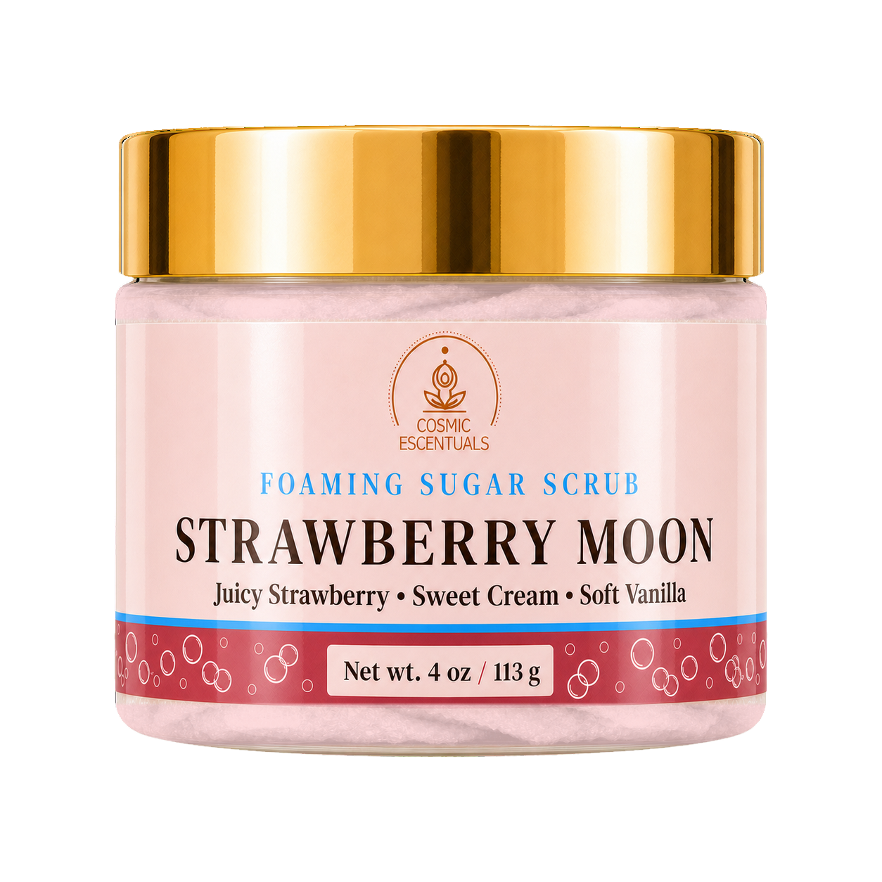 Cosmic Essentials Strawberry Moon Foaming Sugar Scrub in a 4 oz jar with a pink label and a shiny gold lid, set against a plain white background.