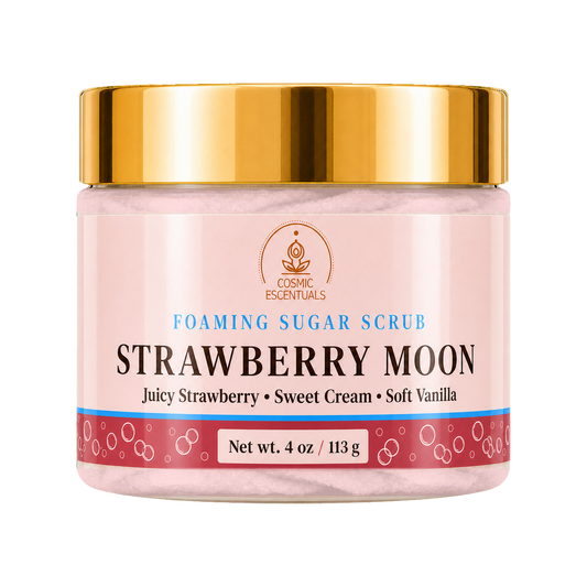 Cosmic Essentials Strawberry Moon Foaming Sugar Scrub in a 4 oz jar with a pink label and a shiny gold lid, set against a plain white background.
