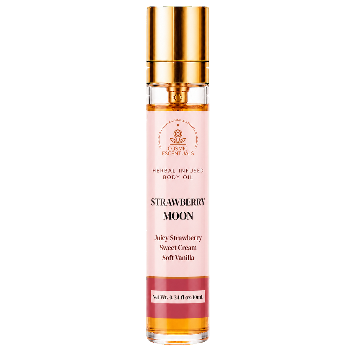 Cosmic Essentials Strawberry Moon Herbal Infused Body Oil in a clear glass bottle with a shiny gold cap and a pink label, shown on a plain white background.