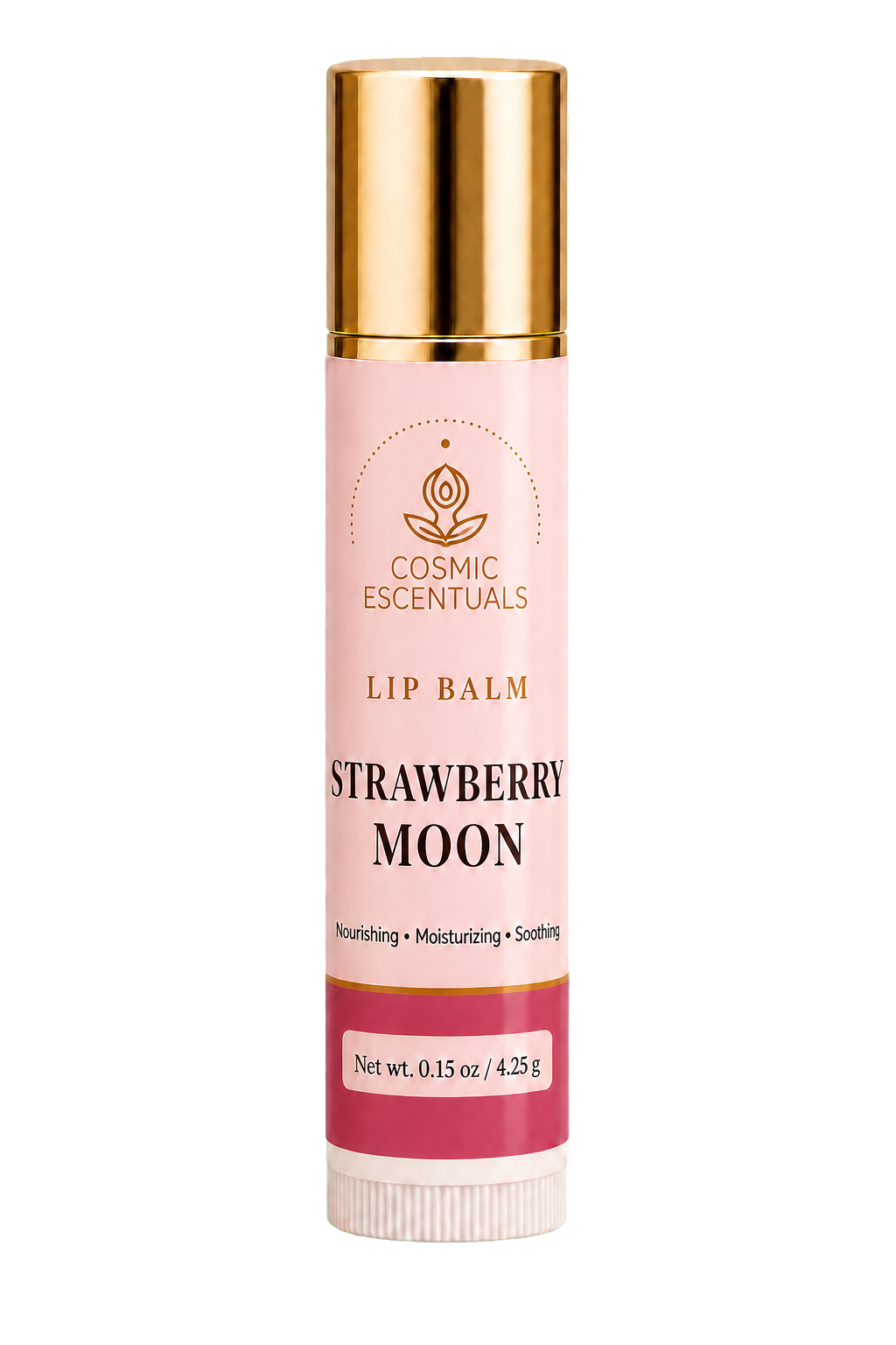 Strawberry Moon Lip Balm tube with pink label on a plain white background.