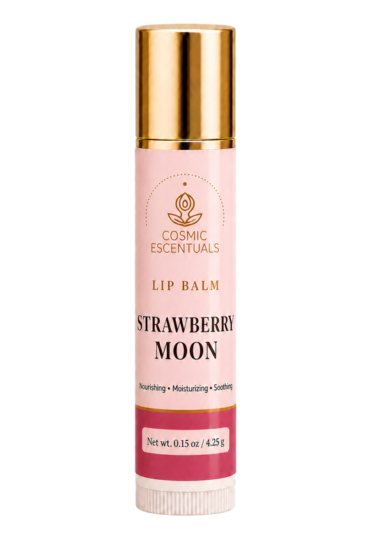 Strawberry Moon Lip Balm tube with pink label on a plain white background.