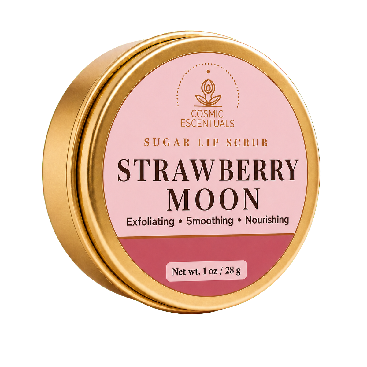 Strawberry Moon Sugar Lip Scrub jar with pink label on a plain white background.