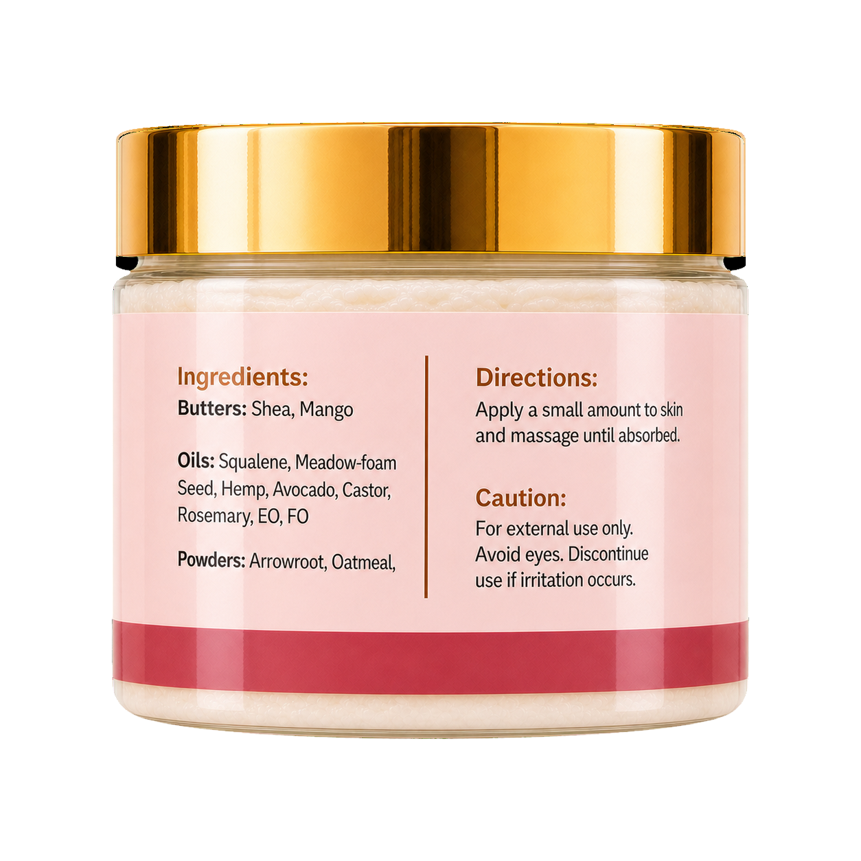 A cosmetic jar with a shiny gold metallic lid and a pale pink label featuring black text with ingredients and directions, set against a plain white background.