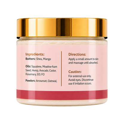 A cosmetic jar with a shiny gold metallic lid and a pale pink label featuring black text with ingredients and directions, set against a plain white background.