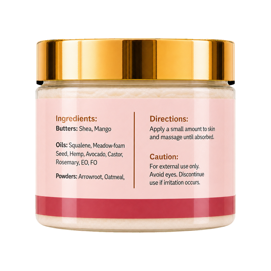 A cosmetic jar with a shiny gold metallic lid and a pale pink label featuring black text with ingredients and directions, set against a plain white background.