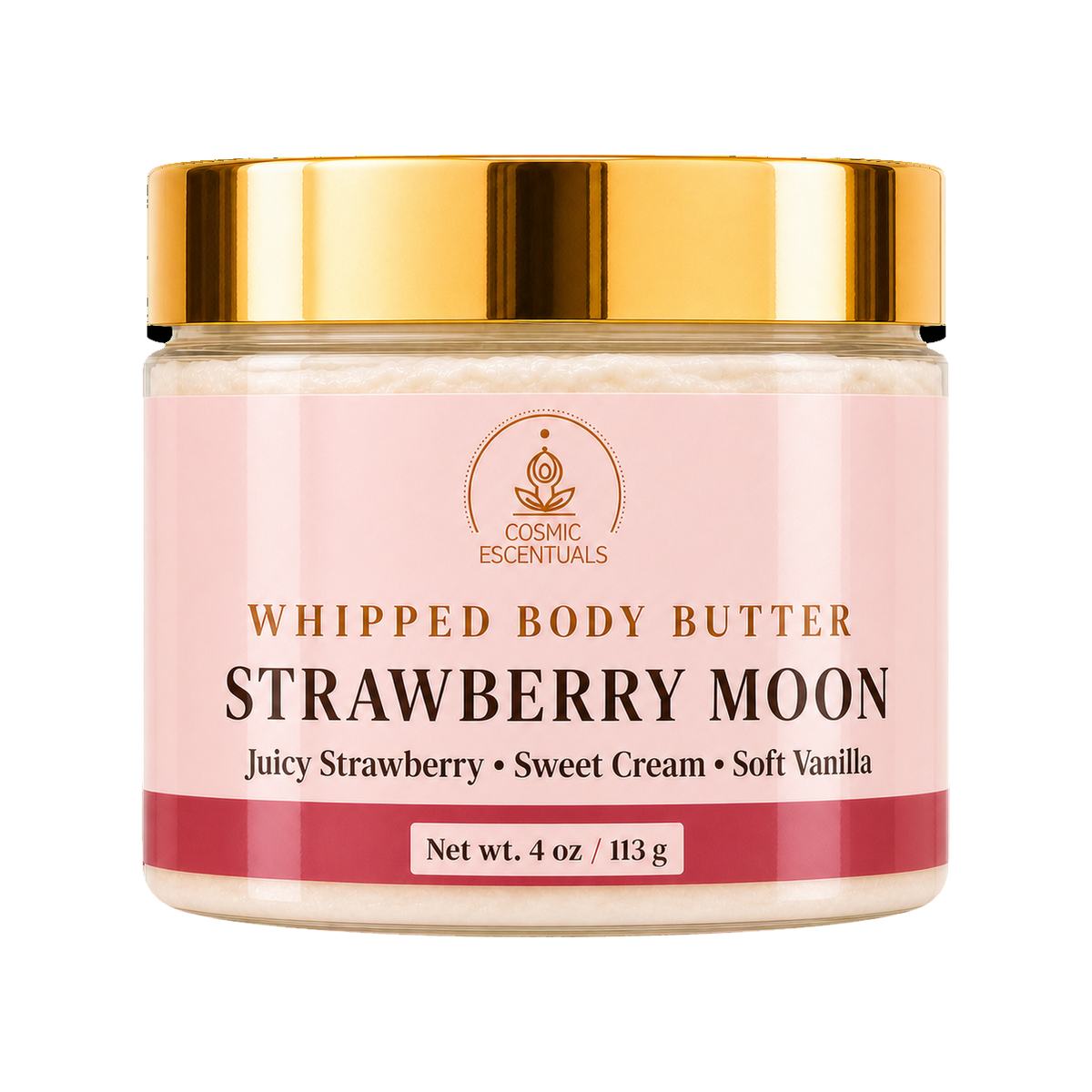 A jar of Cosmic Essentials Whipped Body Butter, Strawberry Moon, featuring a light pink label with gold lettering and a shiny gold metallic lid, set against a plain white background.