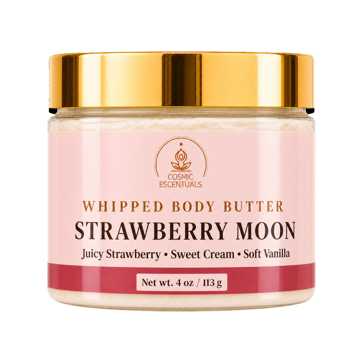 A jar of Cosmic Essentials Whipped Body Butter, Strawberry Moon, featuring a light pink label with gold lettering and a shiny gold metallic lid, set against a plain white background.