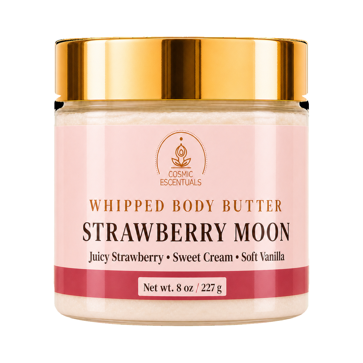 Cosmic Essentials Whipped Body Butter in Strawberry Moon scent, in an 8 oz clear jar with a metallic gold lid and a light pink label.