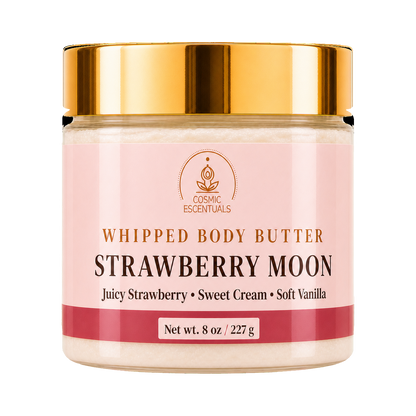 Cosmic Essentials Whipped Body Butter in Strawberry Moon scent, in an 8 oz clear jar with a metallic gold lid and a light pink label.