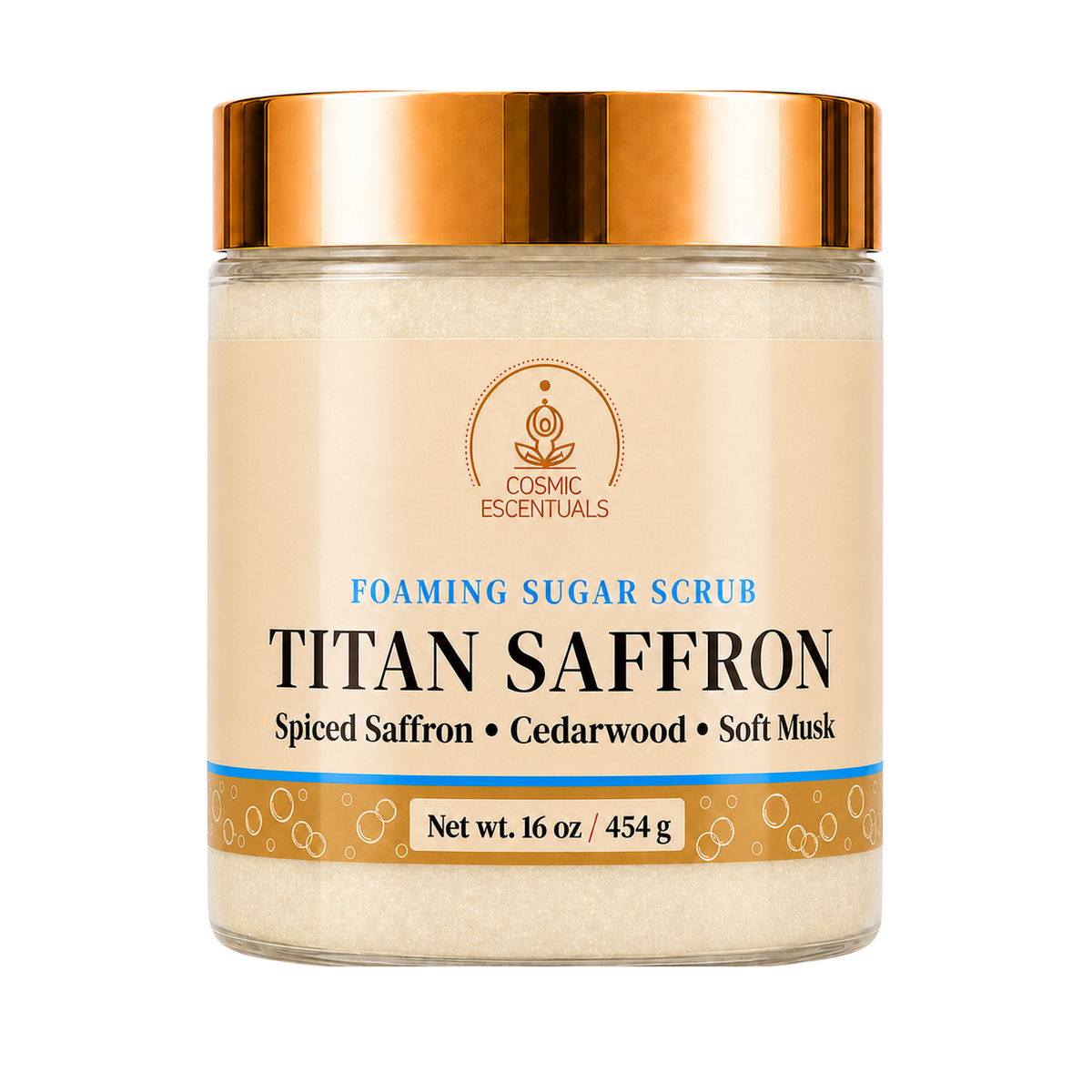 Titan Saffron Foaming Sugar Scrub 16oz jar shown on its own against a plain background.