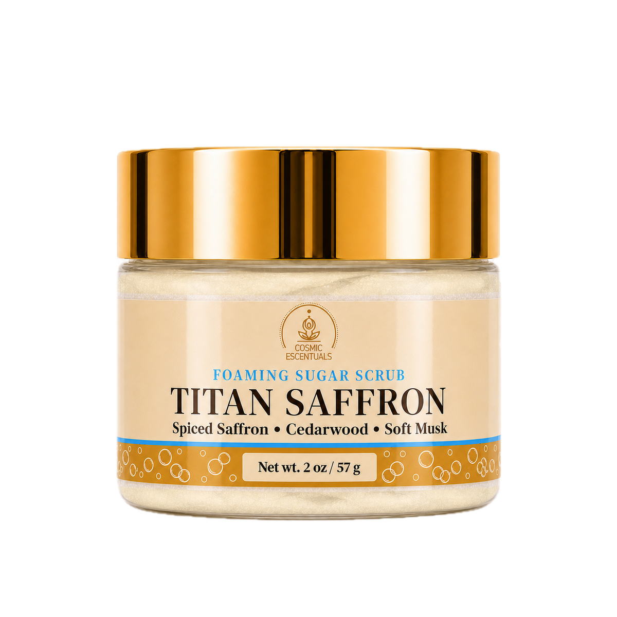 Titan Saffron Foaming Sugar Scrub 2oz jar shown on its own against a plain background.
