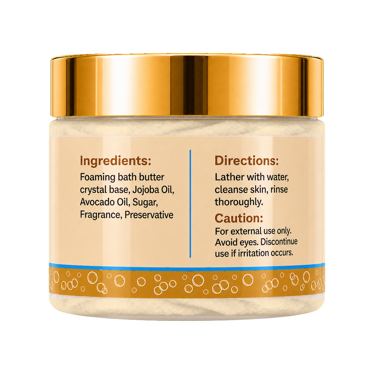 A jar of foaming bath butter with a shiny gold lid and a beige label showing product instructions and ingredients, set against a plain white background.