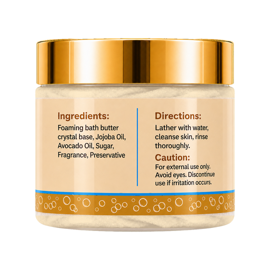 A jar of foaming bath butter with a shiny gold lid and a beige label showing product instructions and ingredients, set against a plain white background.