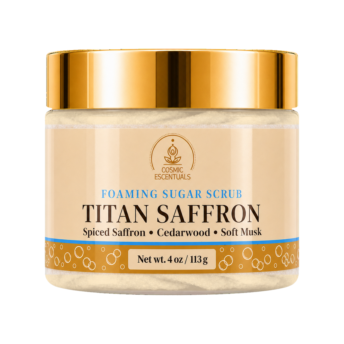 Cosmic Essentials Titan Saffron Foaming Sugar Scrub in a clear jar with a metallic gold lid and beige label, shown on a plain white background.