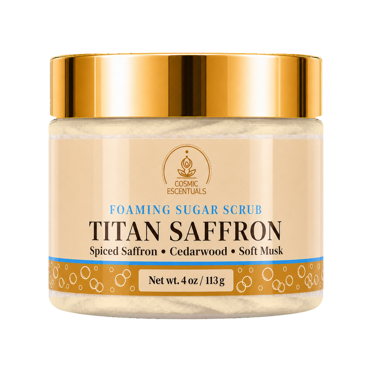Cosmic Essentials Titan Saffron Foaming Sugar Scrub in a clear jar with a metallic gold lid and beige label, shown on a plain white background.