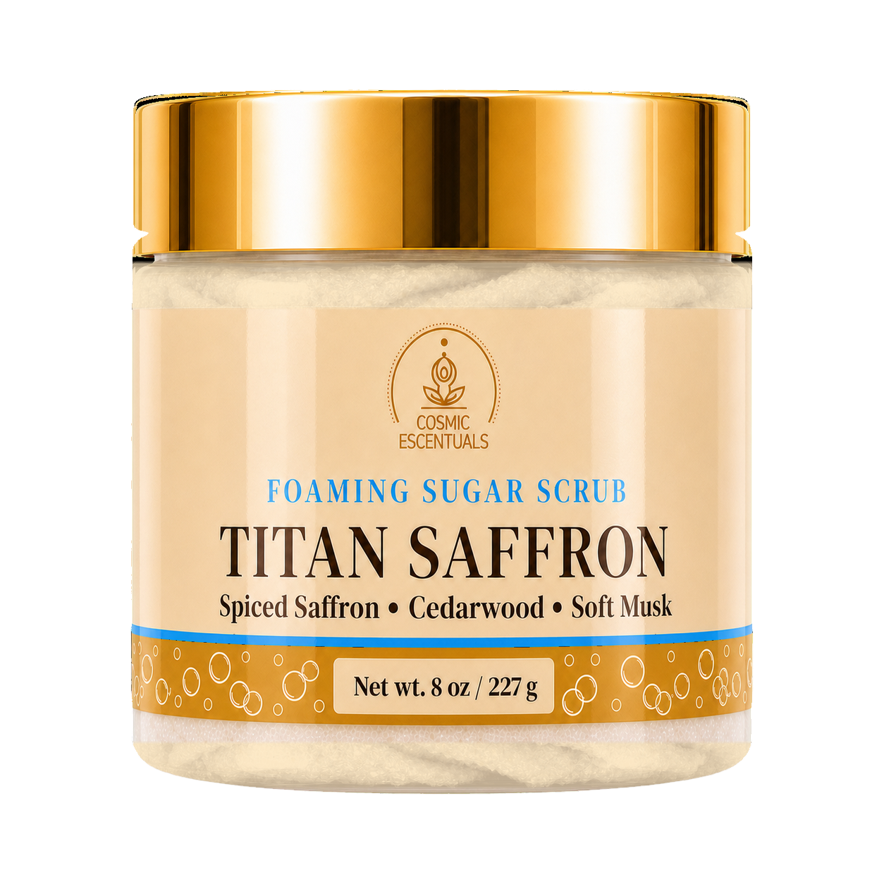 Cosmic Essentials Titan Saffron Foaming Sugar Scrub in an 8 oz jar with a shiny gold lid and a beige label.