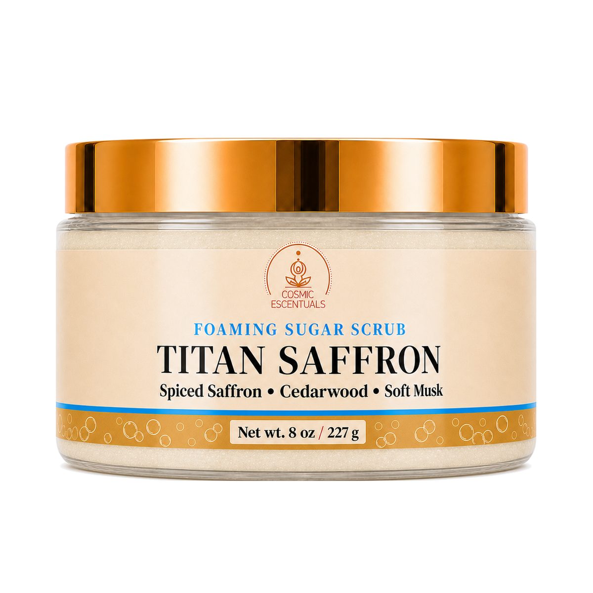 Titan Saffron Foaming Sugar Scrub 8oz jar shown on its own against a plain background.
