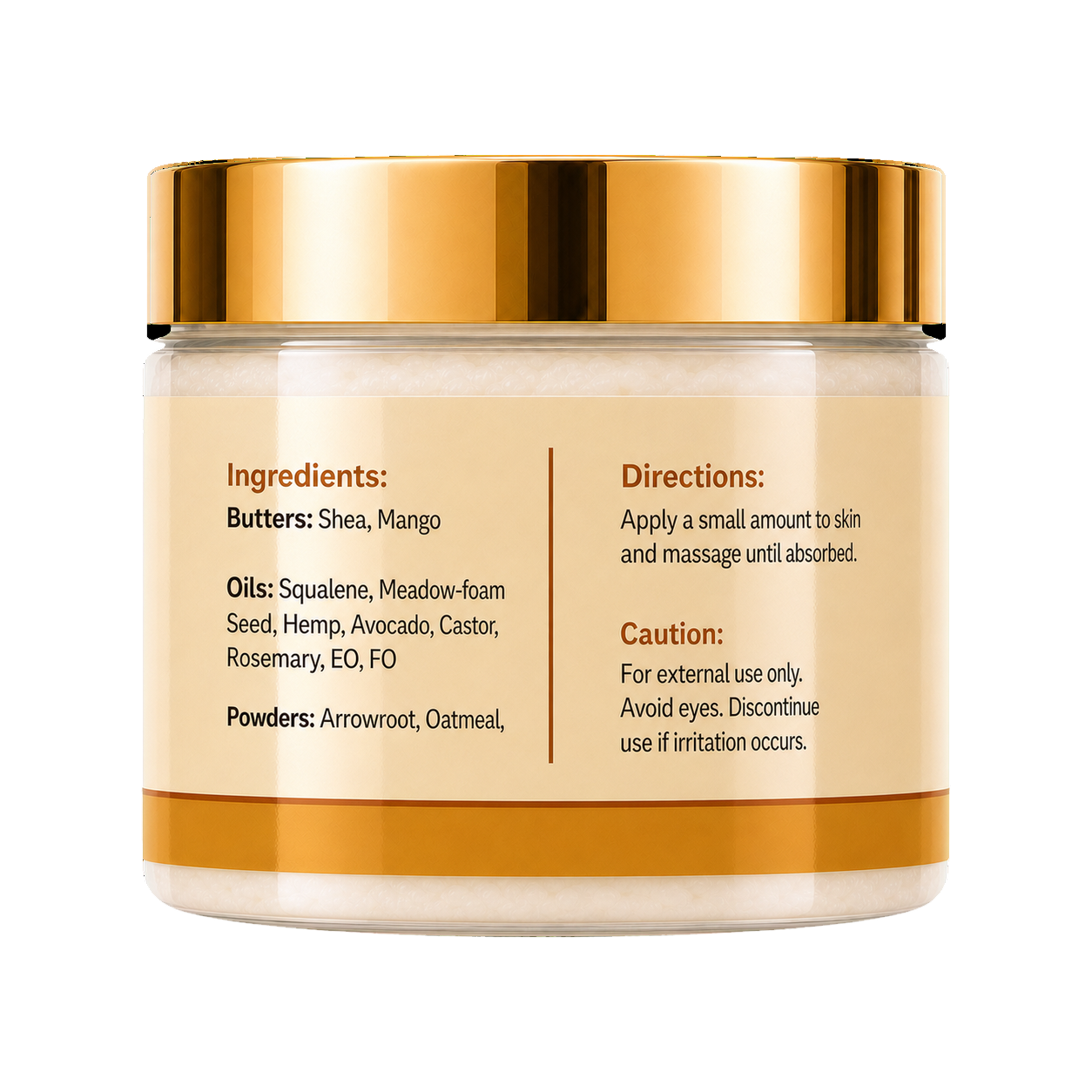 A cosmetic jar of body butters with a metallic gold lid and a beige label showing ingredients and directions, set against a plain white background.