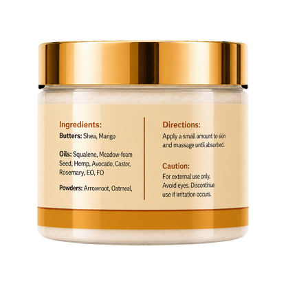 A cosmetic jar of body butters with a metallic gold lid and a beige label showing ingredients and directions, set against a plain white background.