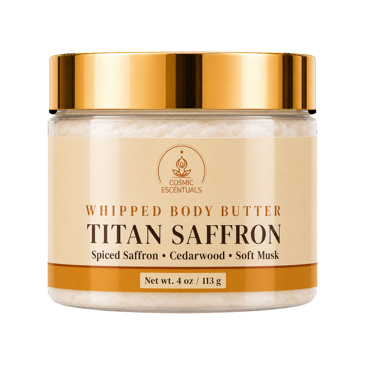 A jar of Cosmic Essentials Titan Saffron Whipped Body Butter with a shiny gold lid and a beige label, set against a plain white background.