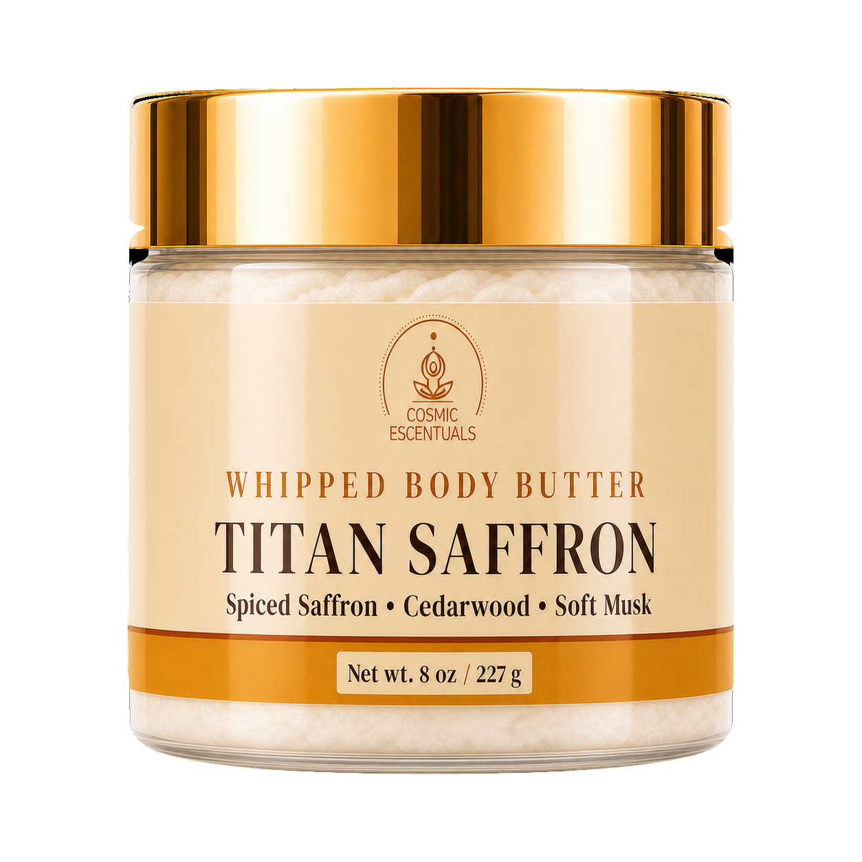 A jar of Cosmic Essentials Titan Saffron Whipped Body Butter with a shiny gold lid and a beige label, shown on a solid white background.