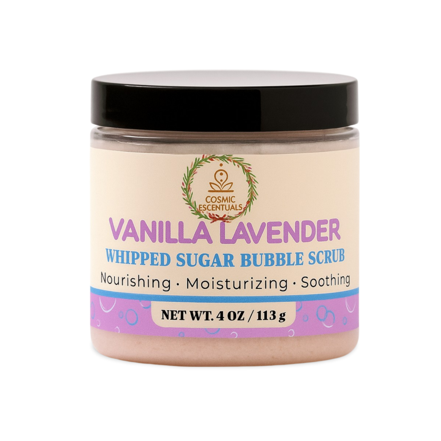 Vanilla Lavender whipped sugar bubble scrub jar with black lid on a white background