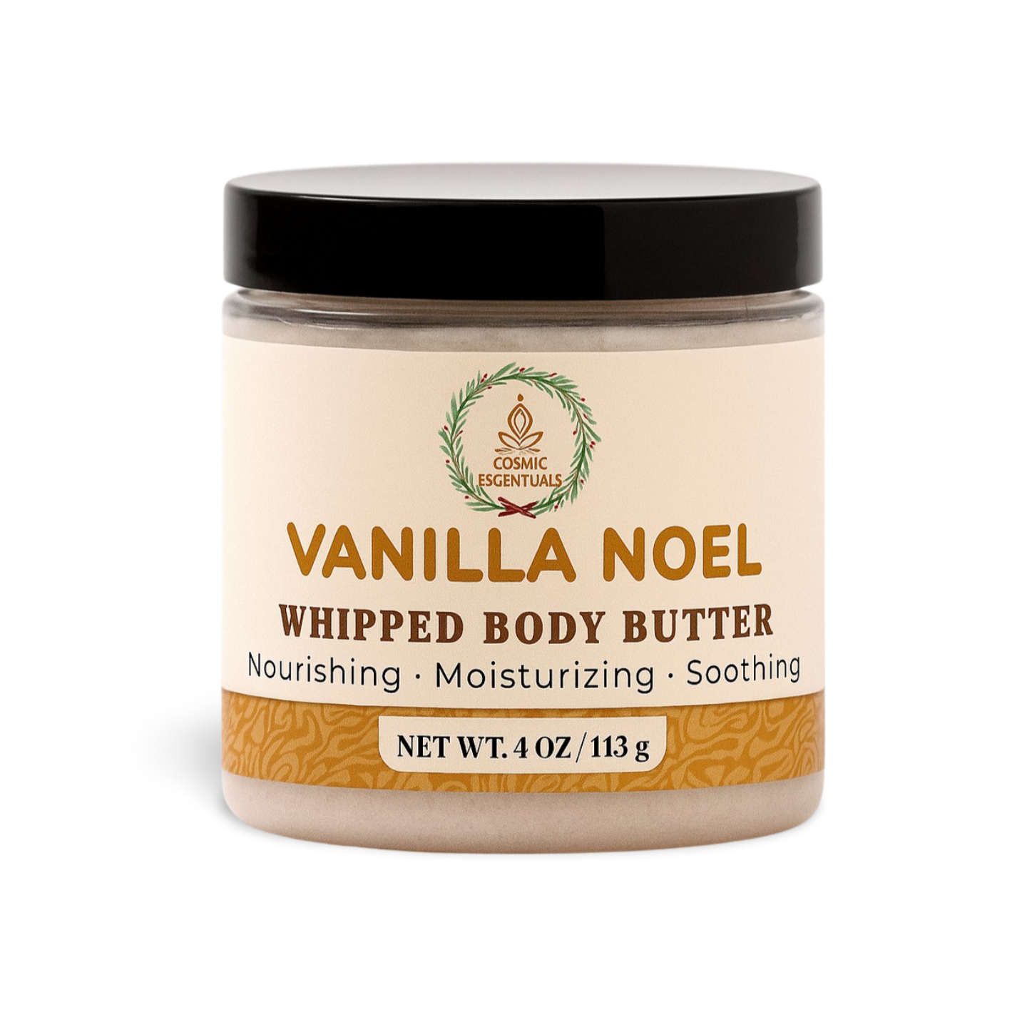 Vanilla Noel whipped body butter jar with a black lid on a white background
