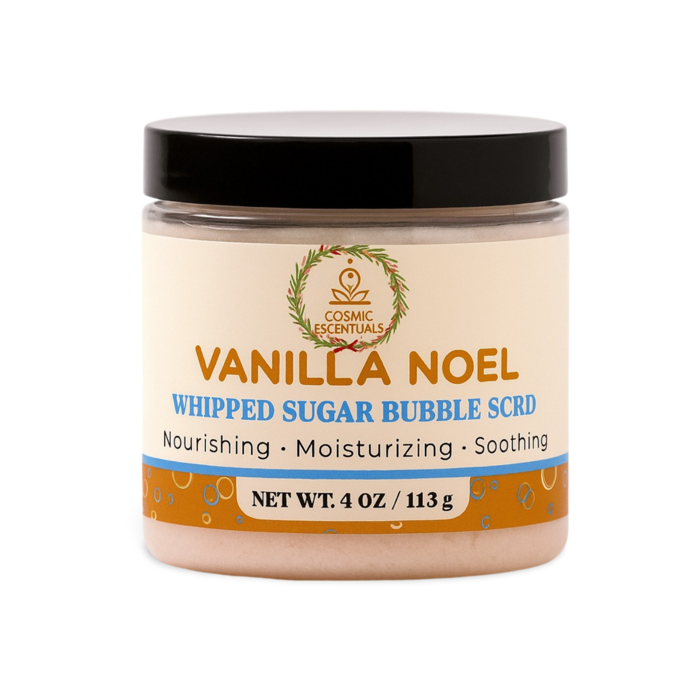 Vanilla Noel whipped sugar bubble scrub jar with a white background