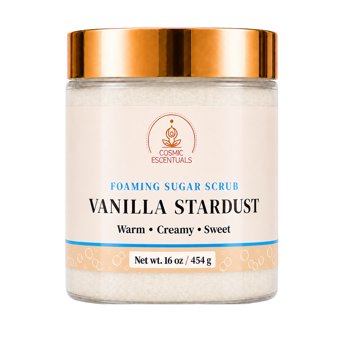 Vanilla Stardust Foaming Sugar Scrub 16oz jar shown on its own against a plain background.