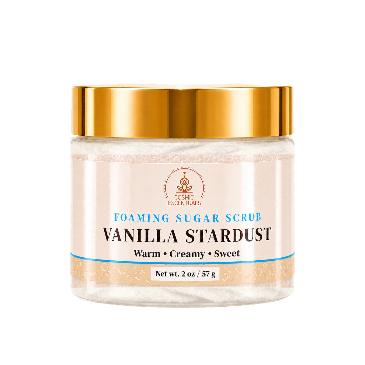 Vanilla Stardust Foaming Sugar Scrub 2oz jar shown on its own against a plain background.