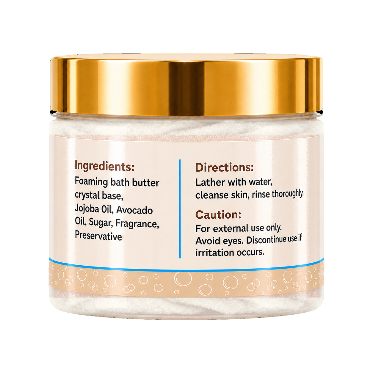 Foaming bath butter in a clear jar with a metallic gold lid and a beige label containing product instructions and ingredients.